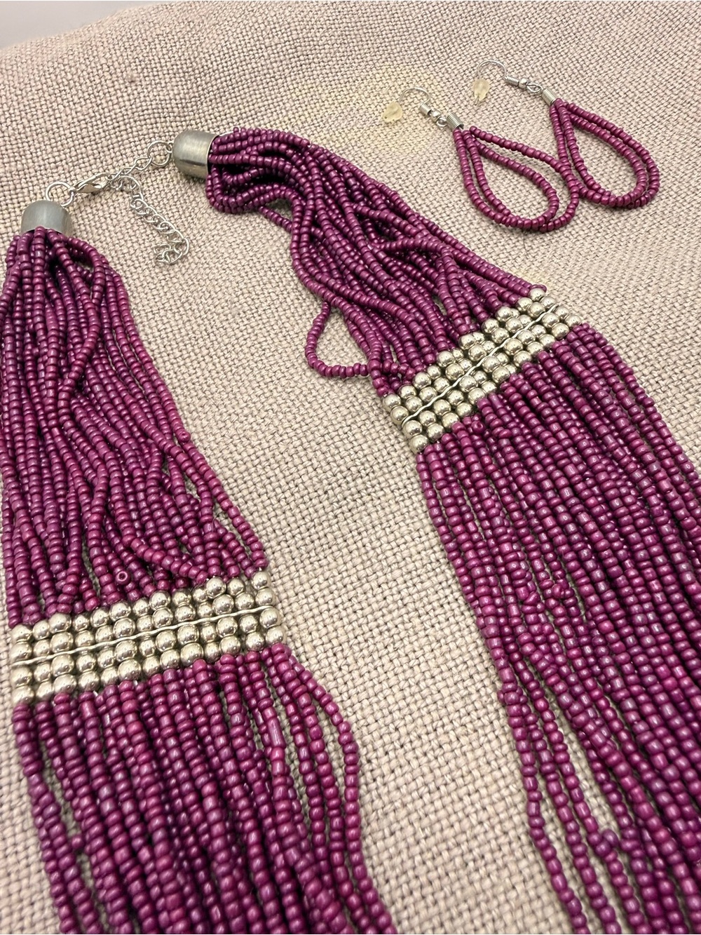 Purple Beaded Multi-Strand Statement Necklace and Earrings - Unbranded